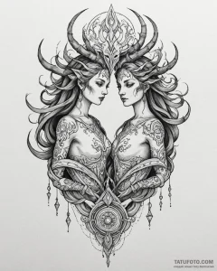Tattoo sketch gemini figures as ancient shama... - эскиз тату (№1753075570_0, 21.07.2025 05:26) — Tatufoto.com