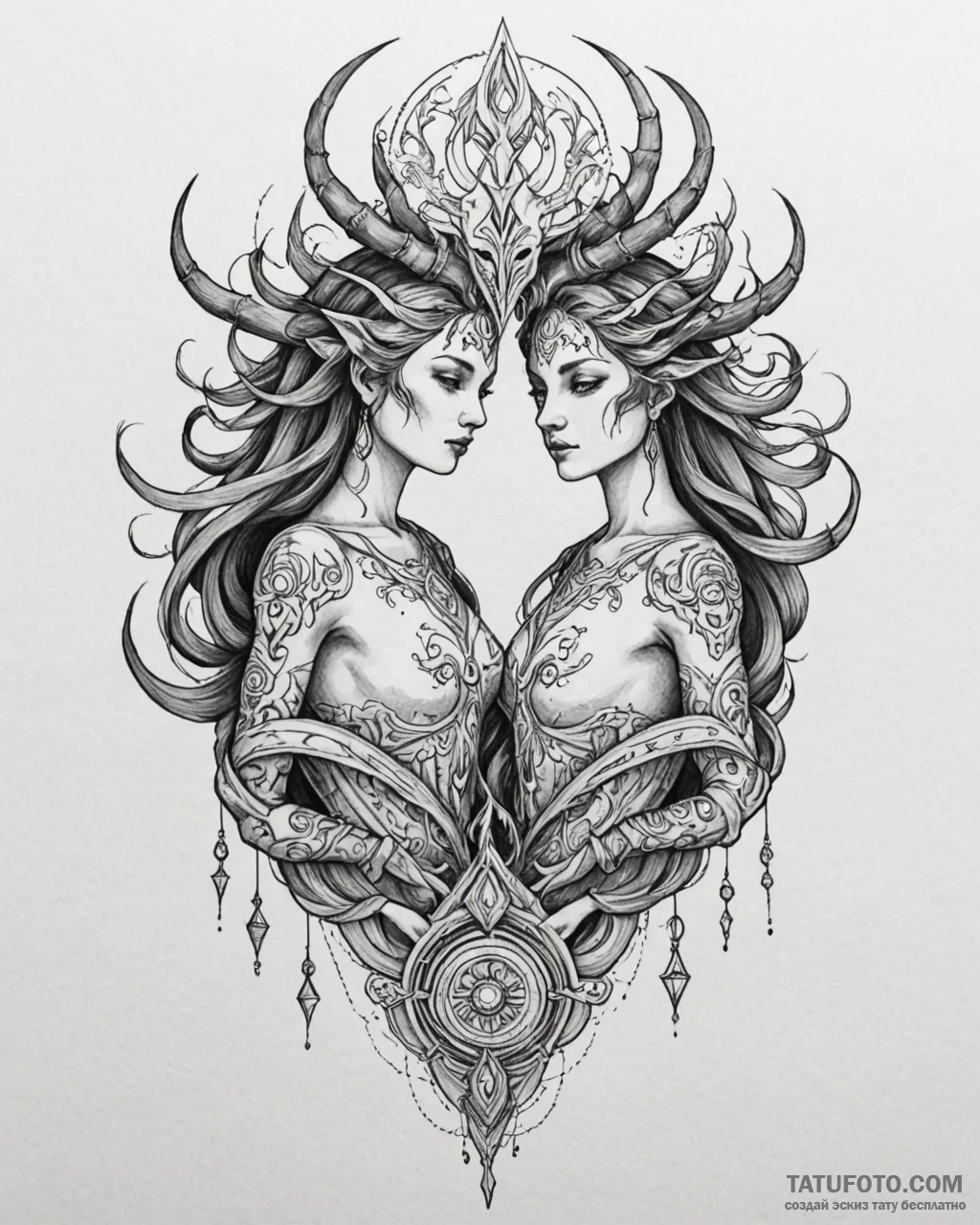 Tattoo sketch gemini figures as ancient shama... - эскиз тату (№1753075570_0, 21.07.2025 05:26) — Tatufoto.com