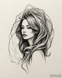 Tattoo sketch a whisper-thin veil blowing in... - эскиз тату (№1753077306_0, 21.07.2025 05:55) — Tatufoto.com
