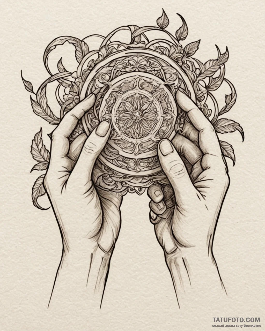 Tattoo sketch a pair of hands holding a tiny,... - эскиз тату (№1753078130_0, 21.07.2025 06:08) — Tatufoto.com