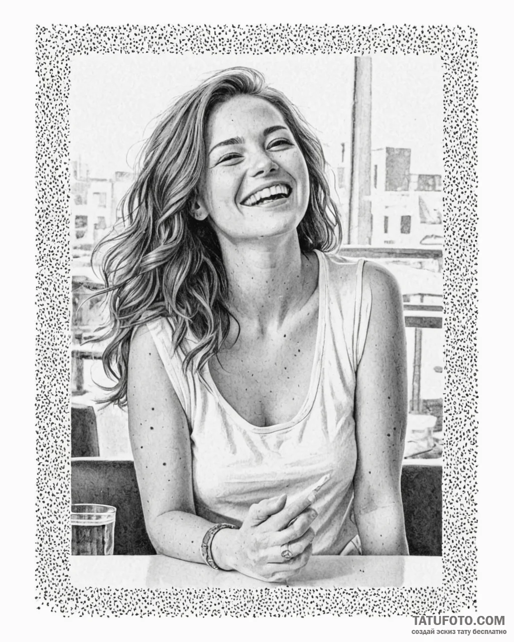 Candid photograph of a young woman laughing h... - эскиз тату (№1753079034_0, 21.07.2025 06:23) — Tatufoto.com