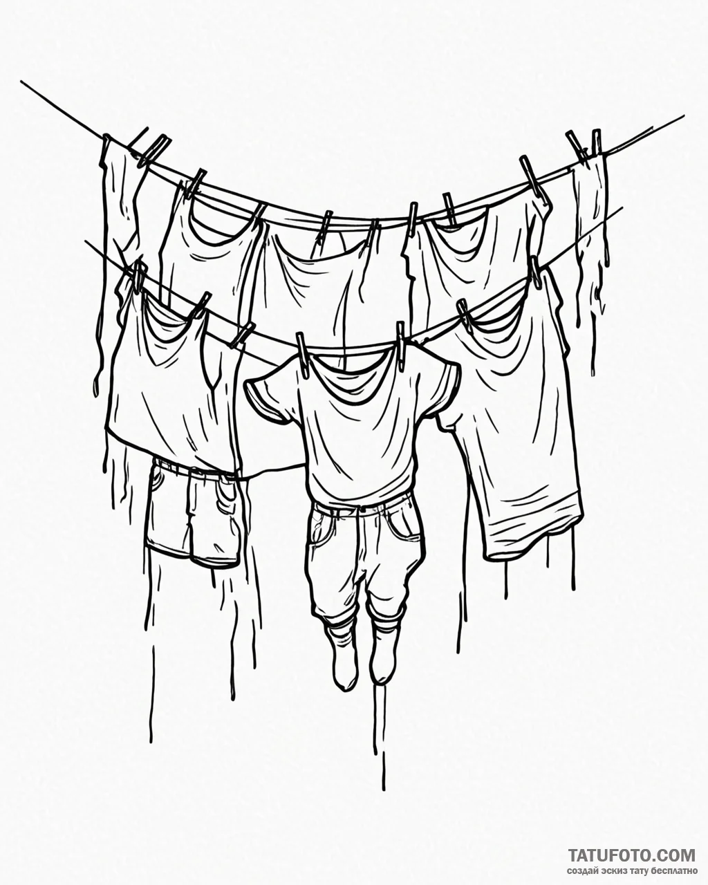 A person hanging laundry on a clothesline on… — эскиз тату (№1753079693_0, 21.07.2025 06:34) — Tatufoto.com