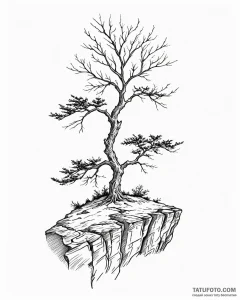 A shot of a lone tree on a cliff, battered by... - эскиз тату (№1753080516_0, 21.07.2025 06:48) — Tatufoto.com