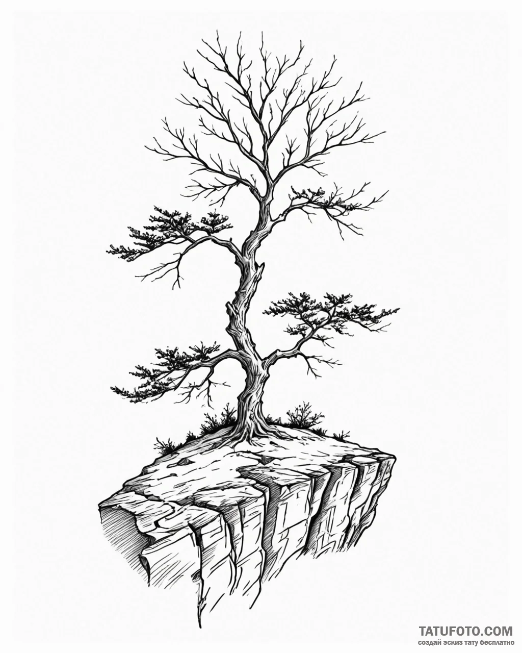 A shot of a lone tree on a cliff, battered by… — эскиз тату (№1753080516_0, 21.07.2025 06:48) — Tatufoto.com