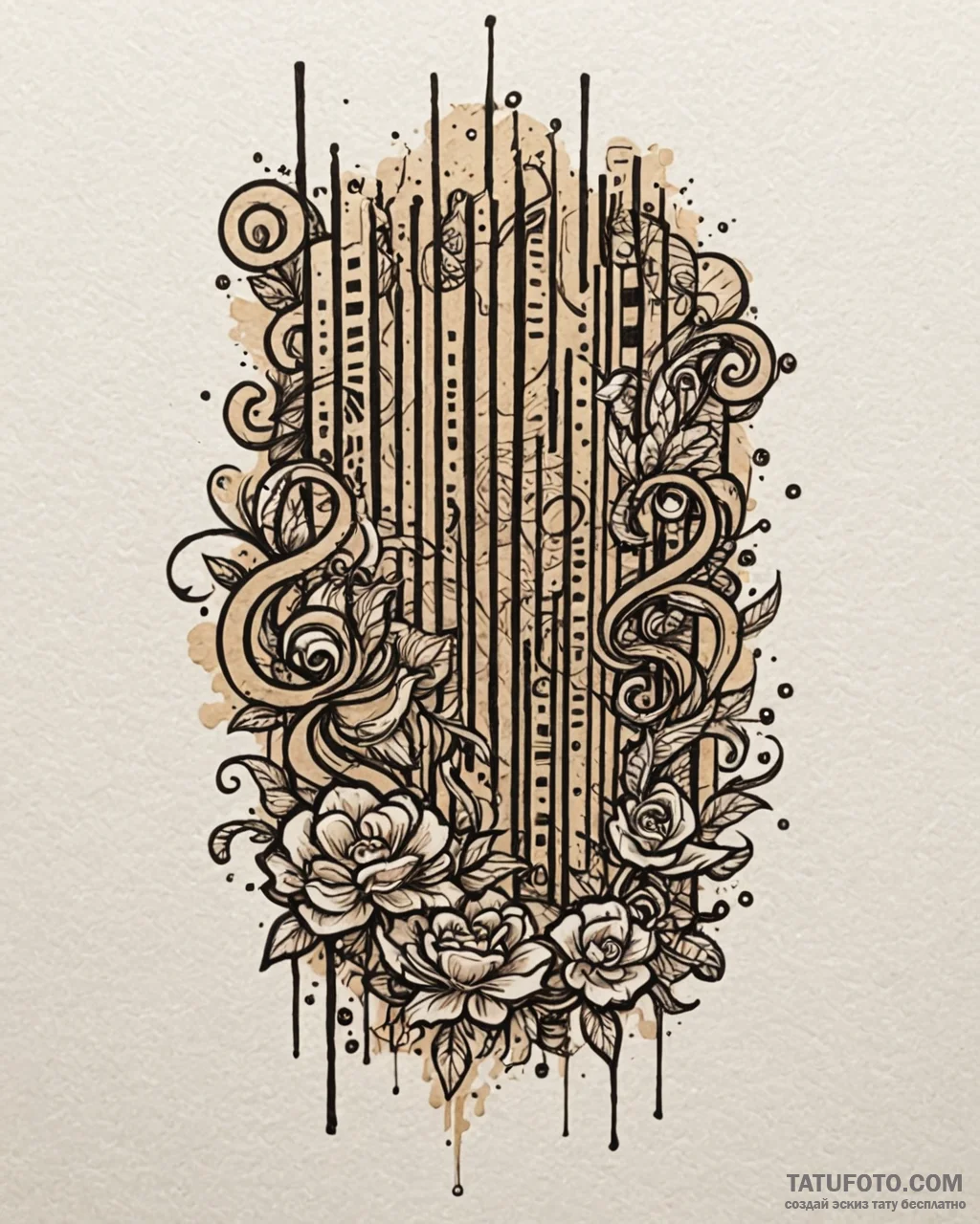 Barcode, tattoo sketch design, sepia tone ske… — эскиз тату (№1753081422_0, 21.07.2025 07:03) — Tatufoto.com