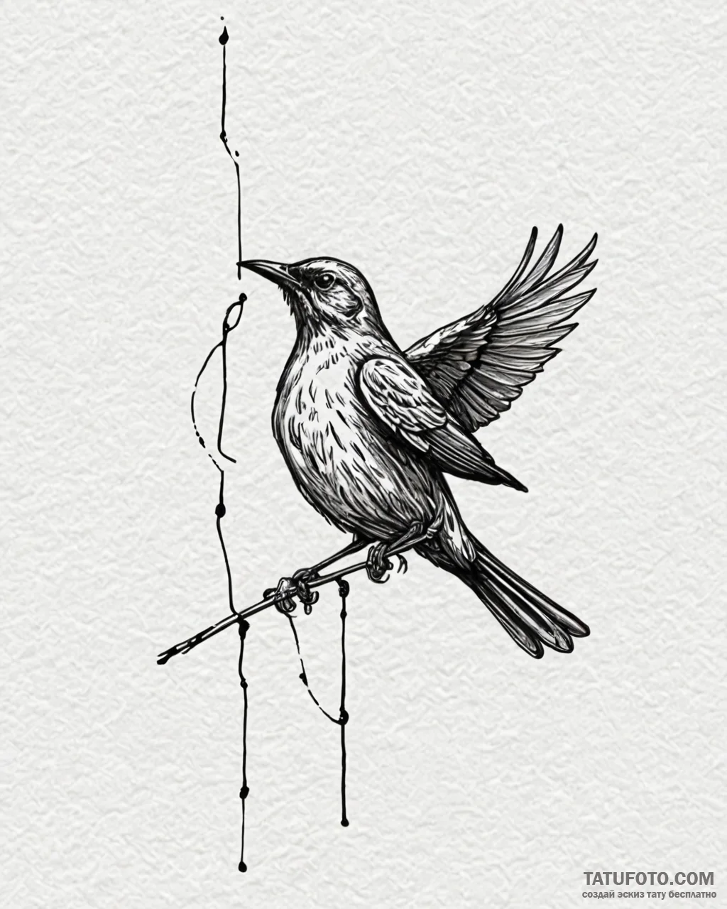 A whimsical bird silhouette on a wire, minima... - эскиз тату (№1753083562_0, 21.07.2025 07:39) — Tatufoto.com