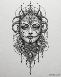 Ritual bone mask beneath crimson sun, tattoo... - эскиз тату (№1753083976_0, 21.07.2025 07:46) — Tatufoto.com
