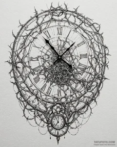 Clock trapped in web of thorns, ink illustrat... - эскиз тату (№1753084060_0, 21.07.2025 07:47) — Tatufoto.com