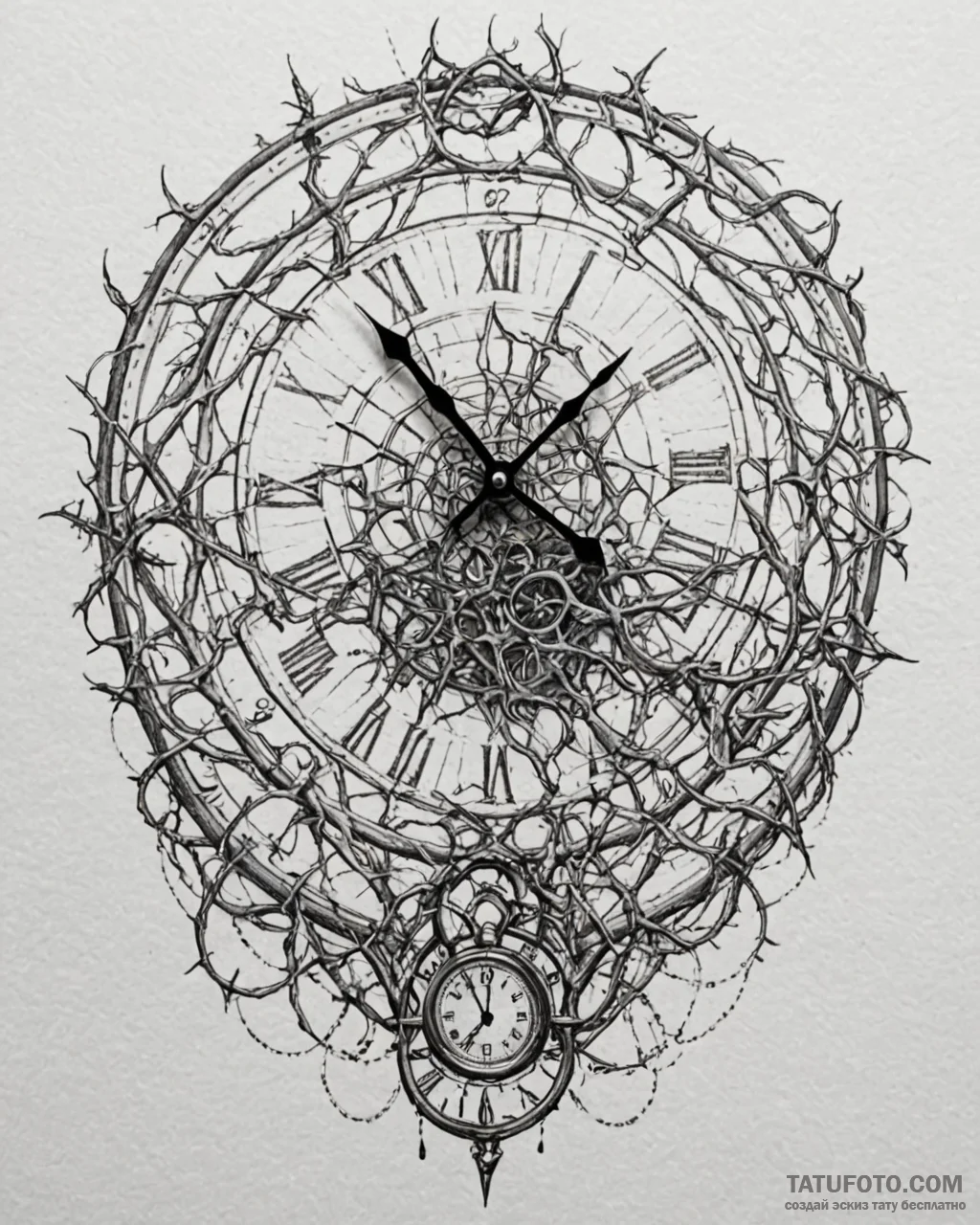 Clock trapped in web of thorns, ink illustrat… — эскиз тату (№1753084060_0, 21.07.2025 07:47) — Tatufoto.com
