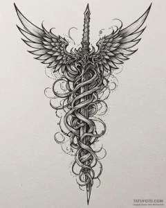 Dagger entwined with skeletal wings, tattoo d... - эскиз тату (№1753084970_0, 21.07.2025 08:02) — Tatufoto.com