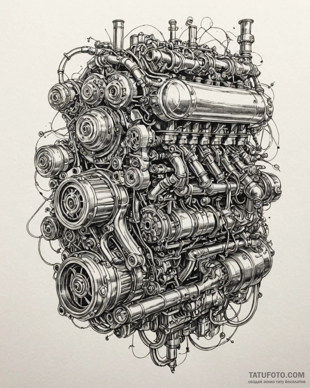 Straight-eight engine, exposed and chrome-pla... - эскиз тату (№1753086132_0, 21.07.2025 08:22) — Tatufoto.com