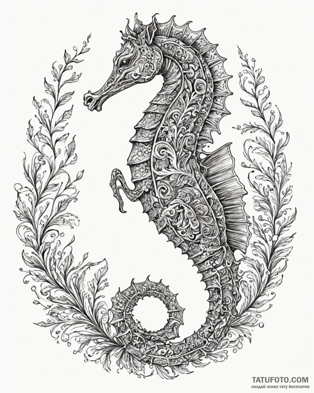 Seahorse made of intricate, swirling filigree... - эскиз тату (№1753086630_0, 21.07.2025 08:30) — Tatufoto.com