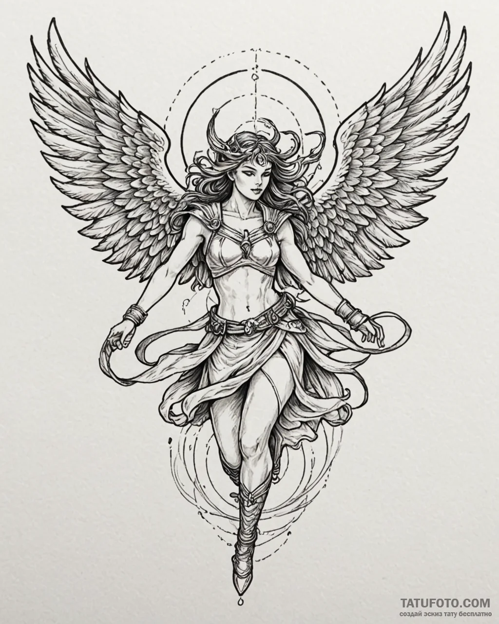 Valkyrie descending from the sky with wings o… — эскиз тату (№1753086878_0, 21.07.2025 08:34) — Tatufoto.com