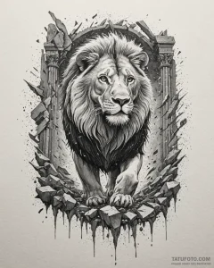 Angelic lion walking through shattered temple... - эскиз тату (№1753087044_0, 21.07.2025 08:37) — Tatufoto.com