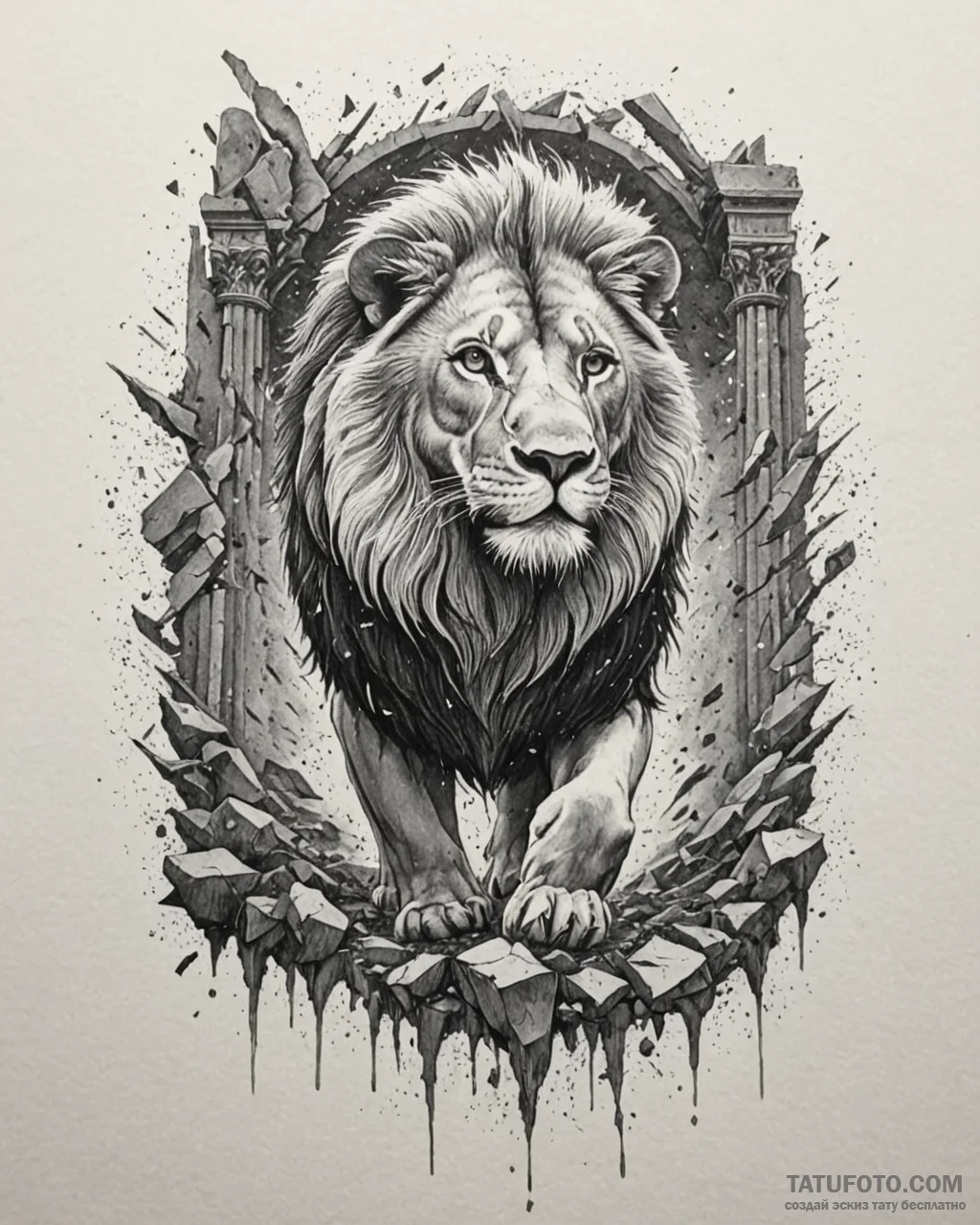 Angelic lion walking through shattered temple... - эскиз тату (№1753087044_0, 21.07.2025 08:37) — Tatufoto.com