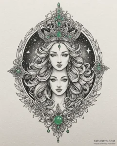 Jade relic crowned with stars, artistic tatto... - эскиз тату (№1753087707_0, 21.07.2025 08:48) — Tatufoto.com