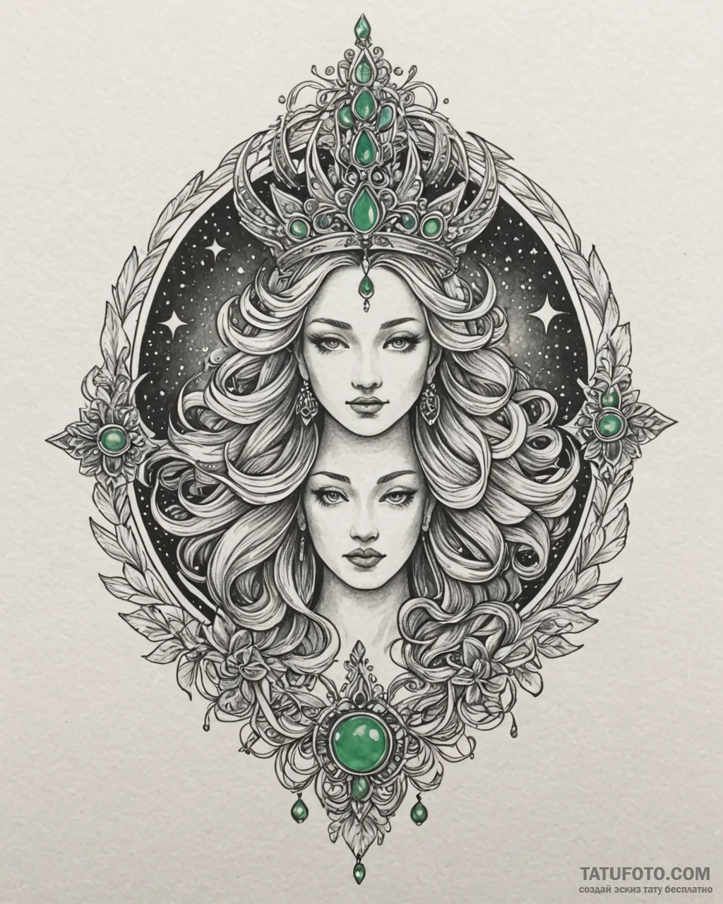 Jade relic crowned with stars, artistic tatto… — эскиз тату (№1753087707_0, 21.07.2025 08:48) — Tatufoto.com