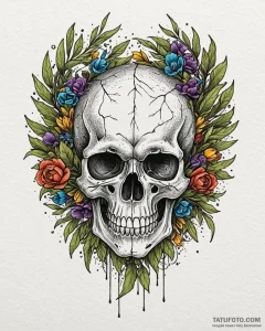 Olive wreath laid on skull, tattoo line art,... - эскиз тату (№1753088372_0, 21.07.2025 08:59) — Tatufoto.com
