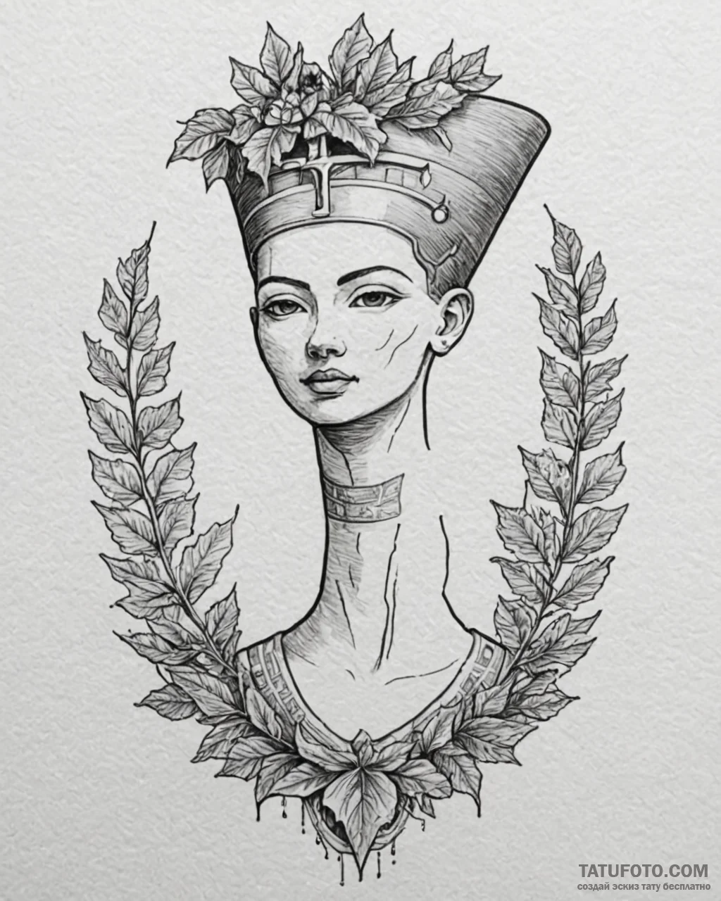 Nefertiti’s bust, cracked and overgrown with… — эскиз тату (№1753088537_0, 21.07.2025 09:02) — Tatufoto.com