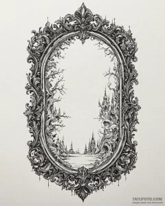 Baroque mirror reflecting a glitching, distor... - эскиз тату (№1753089117_0, 21.07.2025 09:11) — Tatufoto.com
