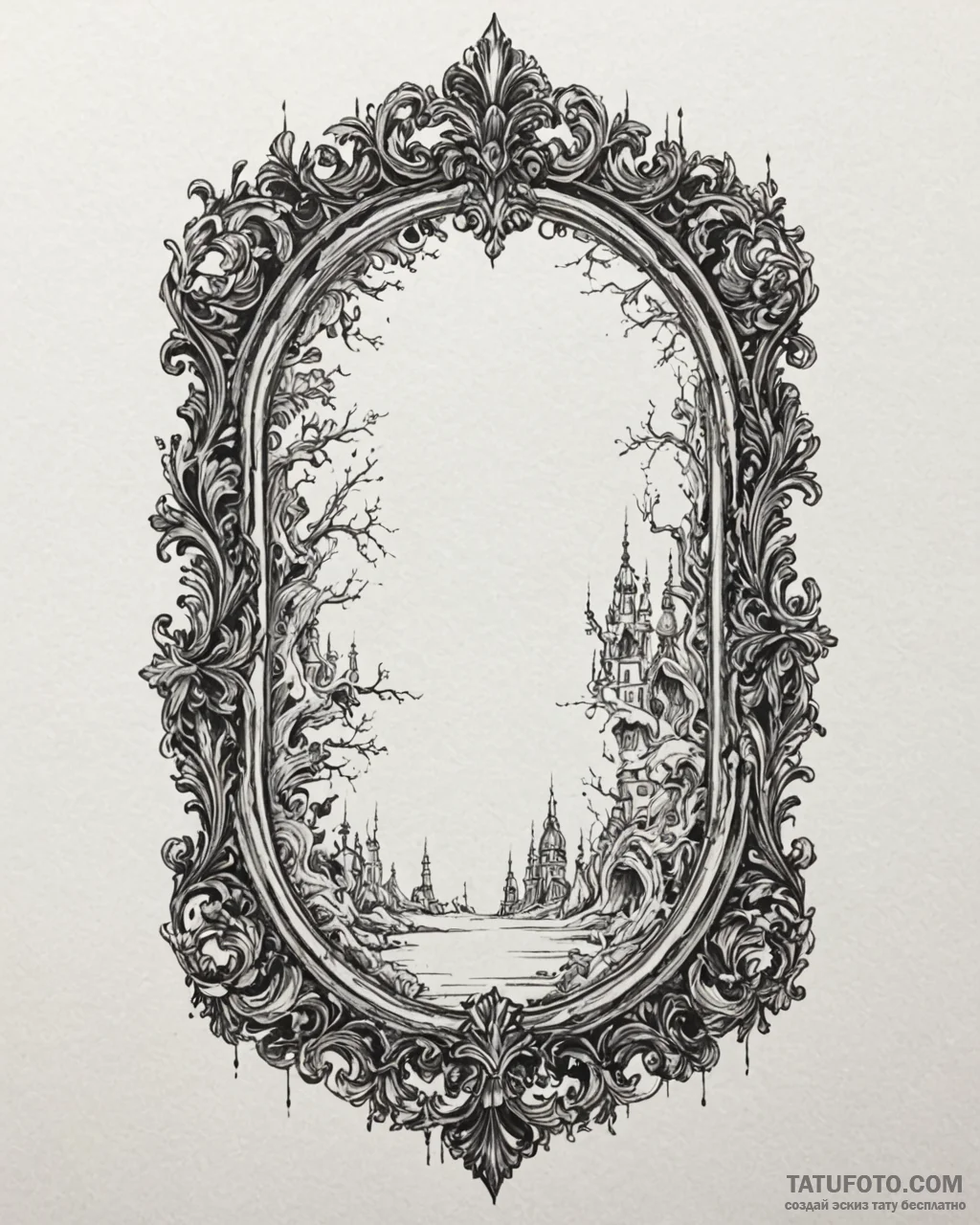 Baroque mirror reflecting a glitching, distor... - эскиз тату (№1753089117_0, 21.07.2025 09:11) — Tatufoto.com