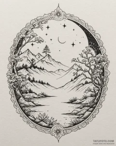 Zen garden beneath starlit sky, tattoo flash... - эскиз тату (№1753091271_0, 21.07.2025 09:47) — Tatufoto.com