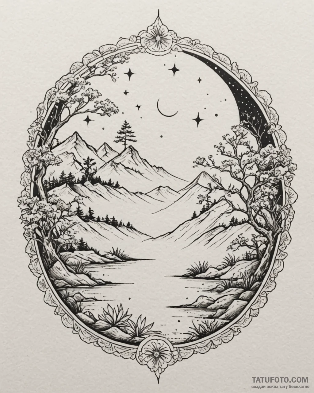 Zen garden beneath starlit sky, tattoo flash… — эскиз тату (№1753091271_0, 21.07.2025 09:47) — Tatufoto.com