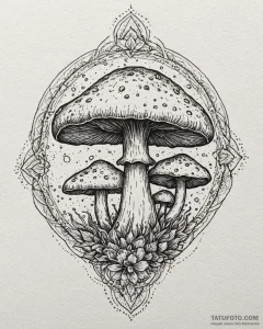 Mushroom spores clouding relic, ink illustrat... - эскиз тату (№1753091354_0, 21.07.2025 09:49) — Tatufoto.com