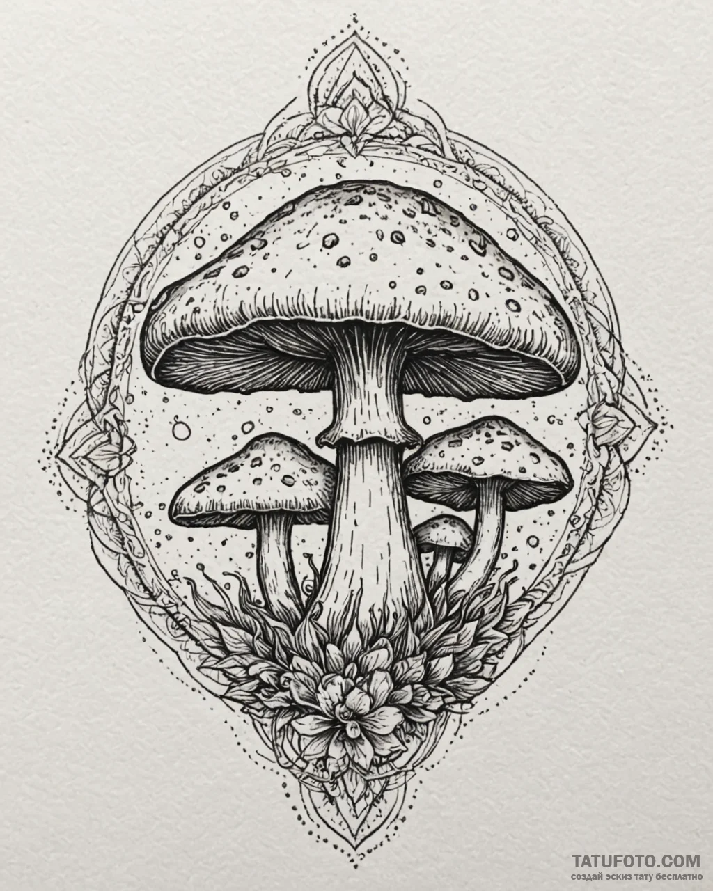 Mushroom spores clouding relic, ink illustrat… — эскиз тату (№1753091354_0, 21.07.2025 09:49) — Tatufoto.com