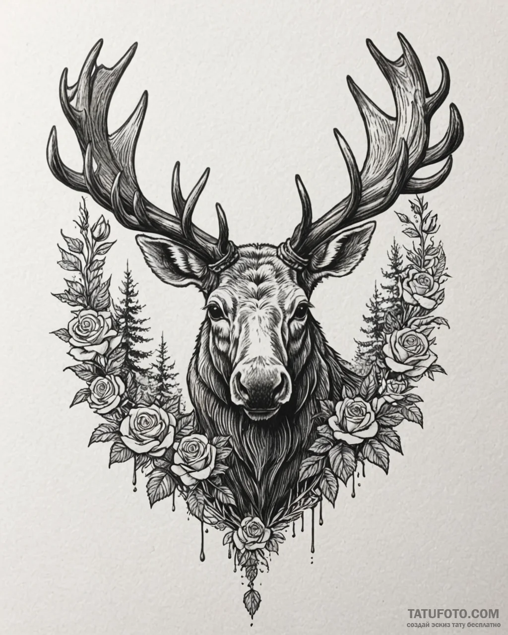 Moose with antlers holding a miniature forest... - эскиз тату (№1753091603_0, 21.07.2025 09:53) — Tatufoto.com