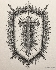 Oak shield pierced by arrows, tattoo line art... - эскиз тату (№1753091686_0, 21.07.2025 09:54) — Tatufoto.com