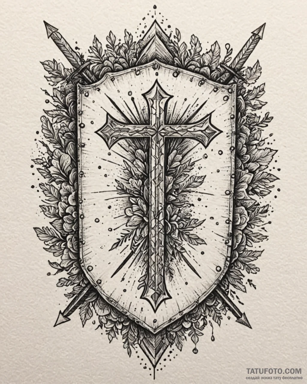 Oak shield pierced by arrows, tattoo line art... - эскиз тату (№1753091686_0, 21.07.2025 09:54) — Tatufoto.com