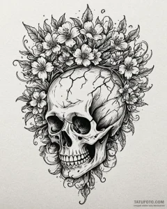 Oak blossom blooming from skull, tattoo flash... - эскиз тату (№1753091769_0, 21.07.2025 09:56) — Tatufoto.com