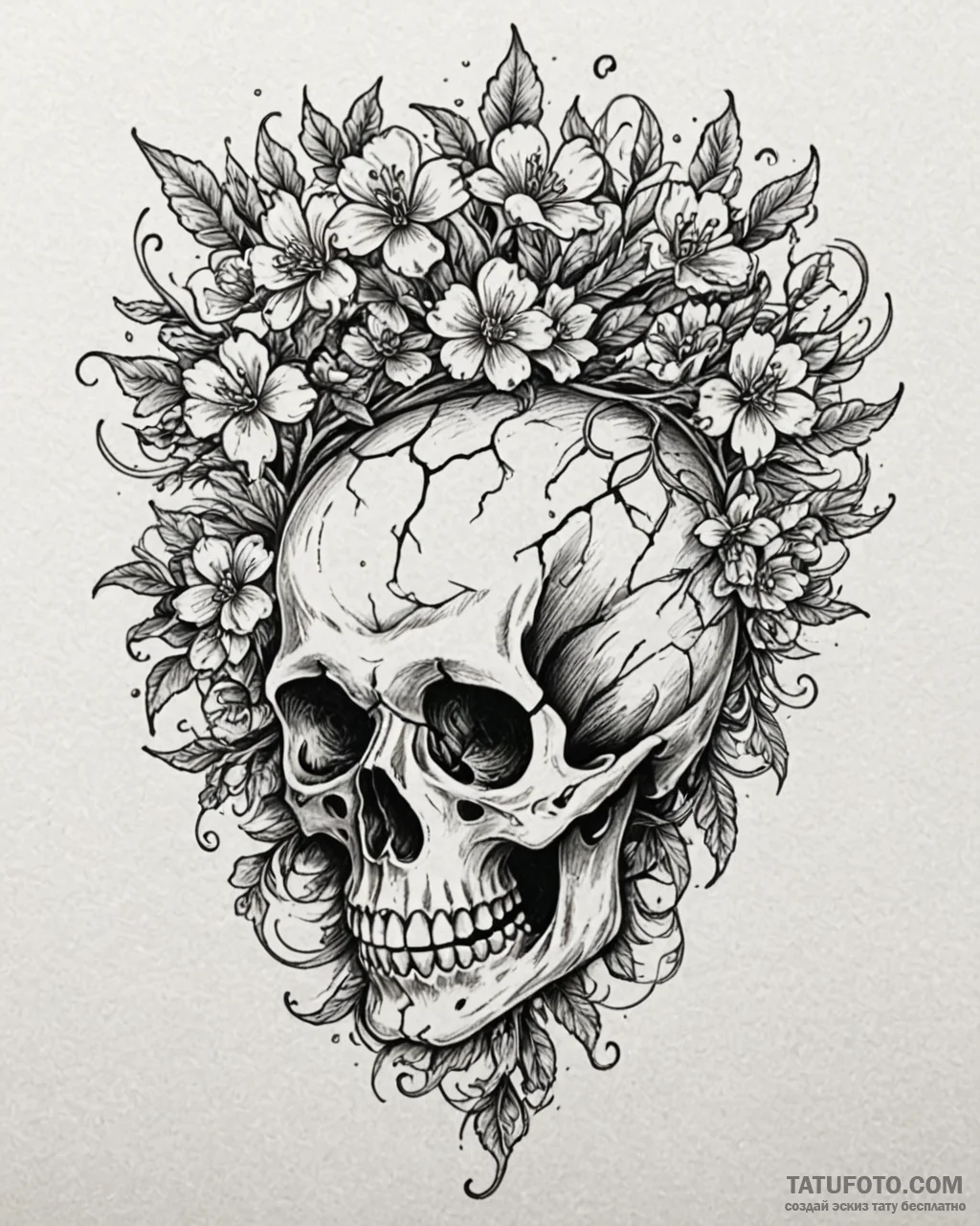 Oak blossom blooming from skull, tattoo flash... - эскиз тату (№1753091769_0, 21.07.2025 09:56) — Tatufoto.com