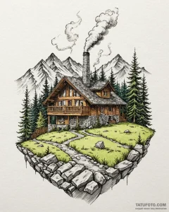 Chalet in the mountains, with smoke rising fr... - эскиз тату (№1753091852_0, 21.07.2025 09:57) — Tatufoto.com