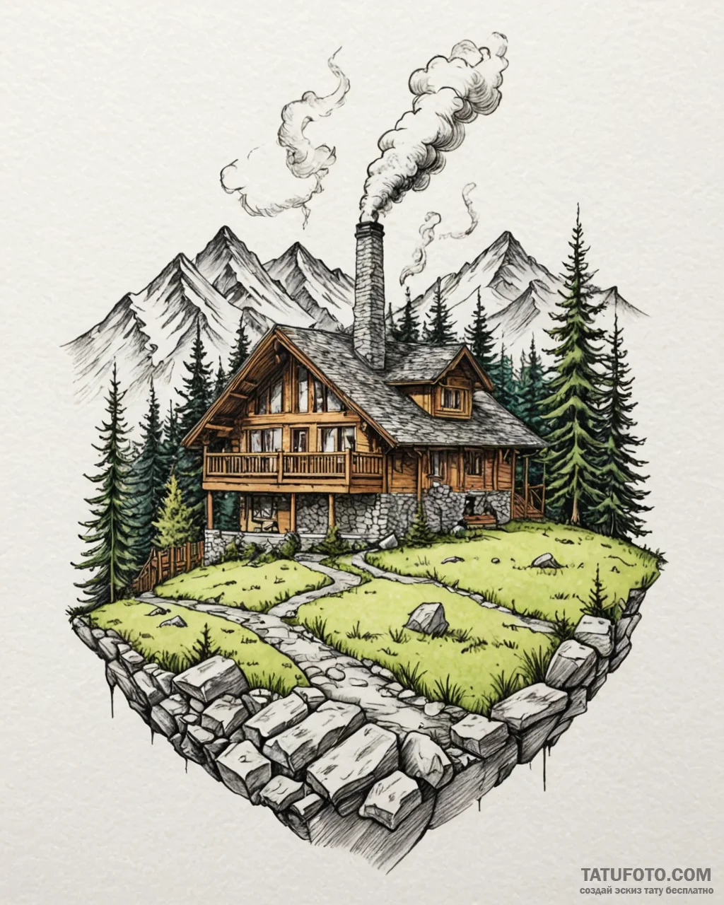 Chalet in the mountains, with smoke rising fr... - эскиз тату (№1753091852_0, 21.07.2025 09:57) — Tatufoto.com