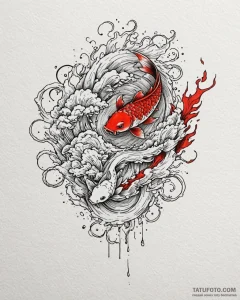Koi fish leaping through storm clouds, tattoo... - эскиз тату (№1753092183_0, 21.07.2025 10:03) — Tatufoto.com