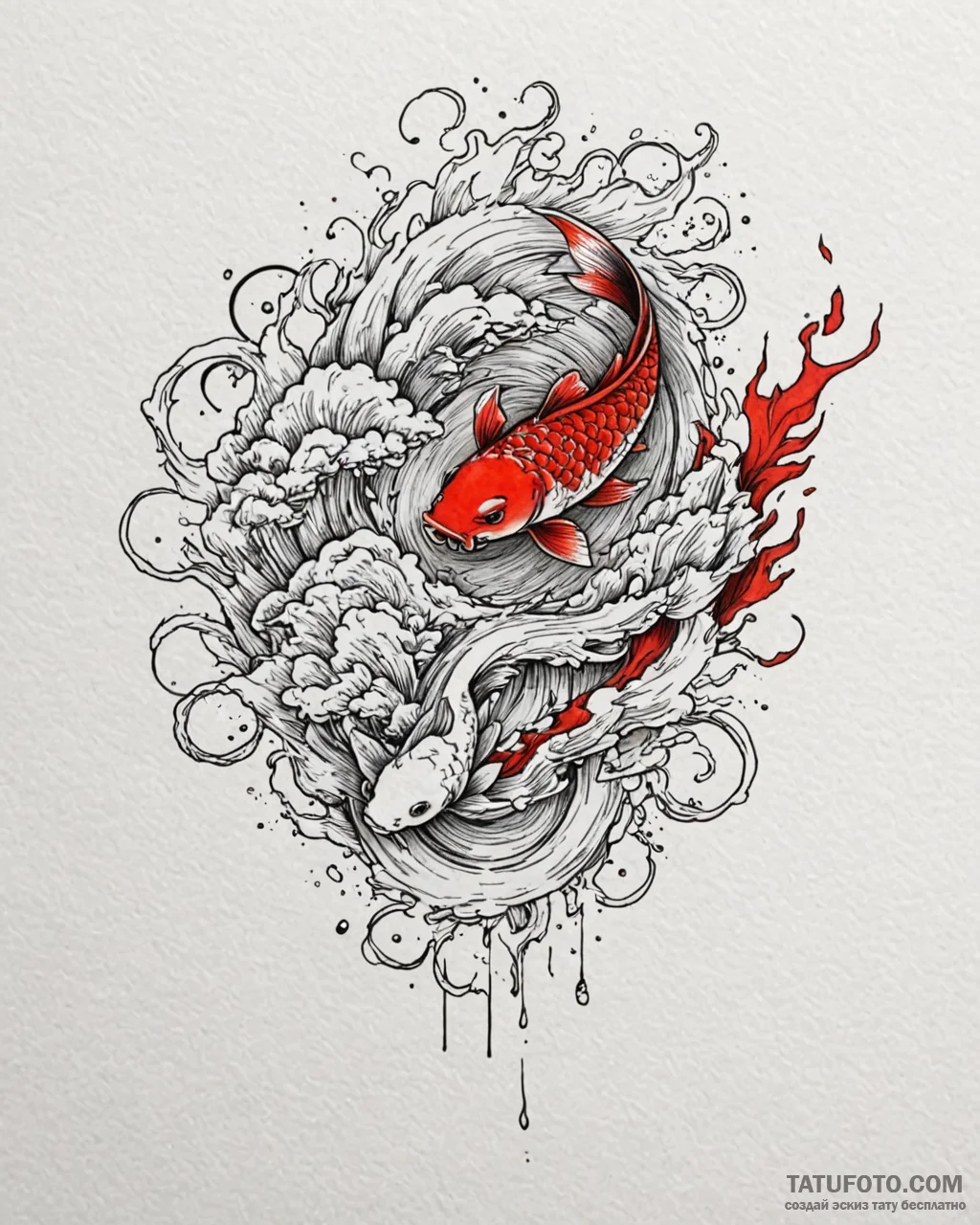 Koi fish leaping through storm clouds, tattoo… — эскиз тату (№1753092183_0, 21.07.2025 10:03) — Tatufoto.com