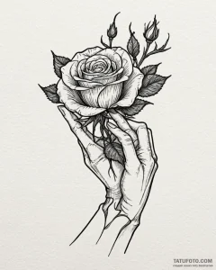 Skeletal hand delicately holding a single, pe... - эскиз тату (№1753092848_0, 21.07.2025 10:14) — Tatufoto.com
