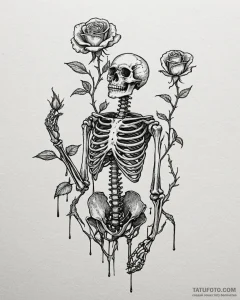 A skeleton watering a single living rose, ink... - эскиз тату (№1753092931_0, 21.07.2025 10:15) — Tatufoto.com