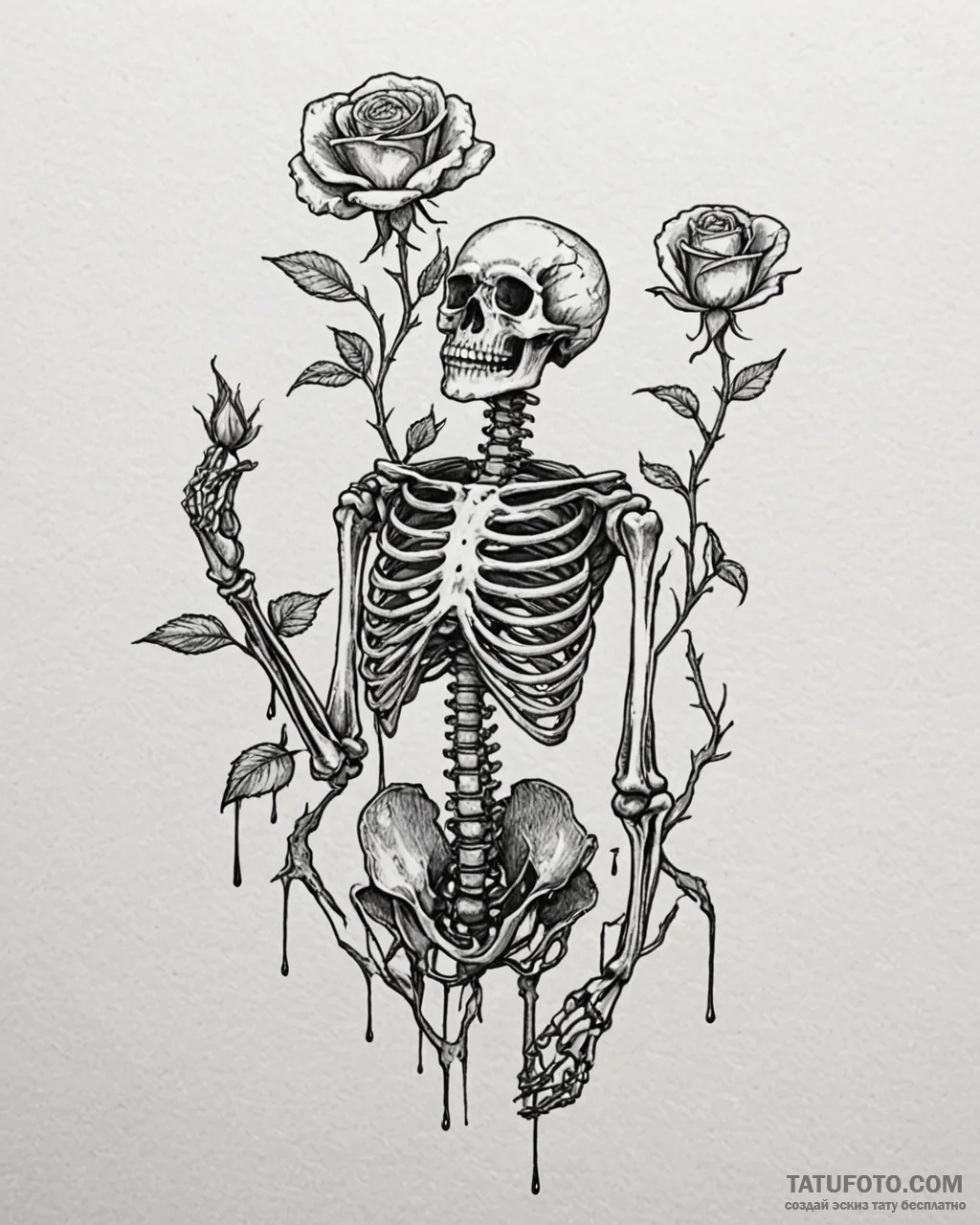 A skeleton watering a single living rose, ink... - эскиз тату (№1753092931_0, 21.07.2025 10:15) — Tatufoto.com