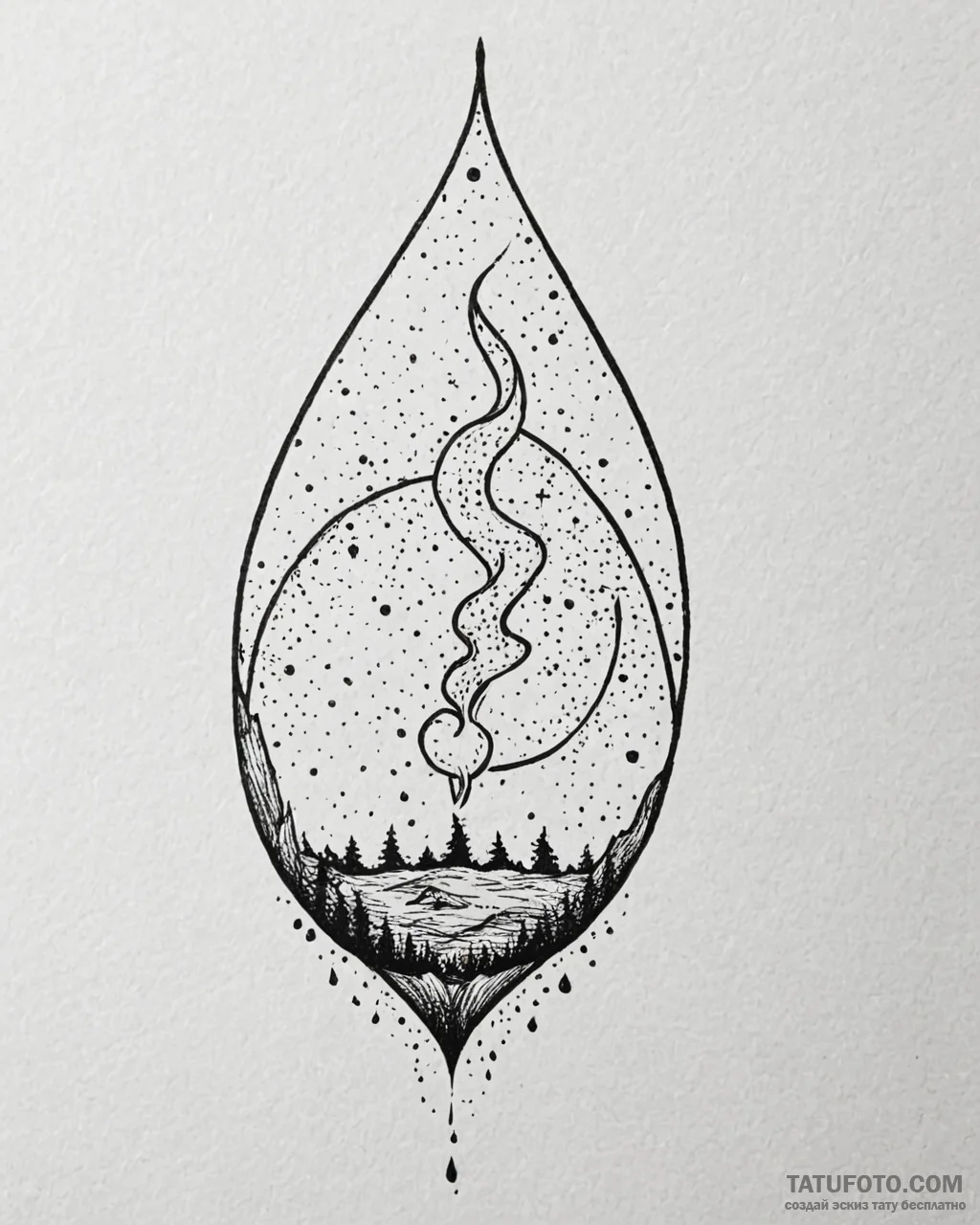 Tear drop reflecting a burning world, ink ill... - эскиз тату (№1753093430_0, 21.07.2025 10:23) — Tatufoto.com
