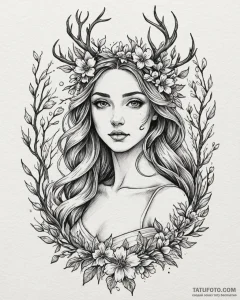 Persephone with a crown of winter branches an... - эскиз тату (№1753093845_0, 21.07.2025 10:30) — Tatufoto.com