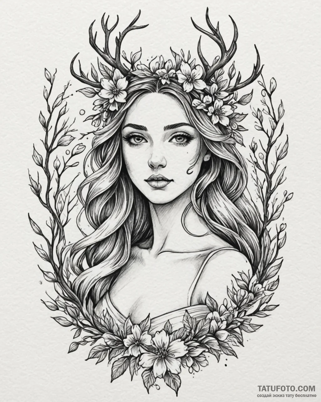 Persephone with a crown of winter branches an... - эскиз тату (№1753093845_0, 21.07.2025 10:30) — Tatufoto.com