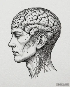 Human head with exposed holographic brain, ta... - эскиз тату (№1753094341_0, 21.07.2025 10:39) — Tatufoto.com