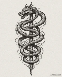 Arcane serpent wrapped around staff, ink illu... - эскиз тату (№1753094672_0, 21.07.2025 10:44) — Tatufoto.com