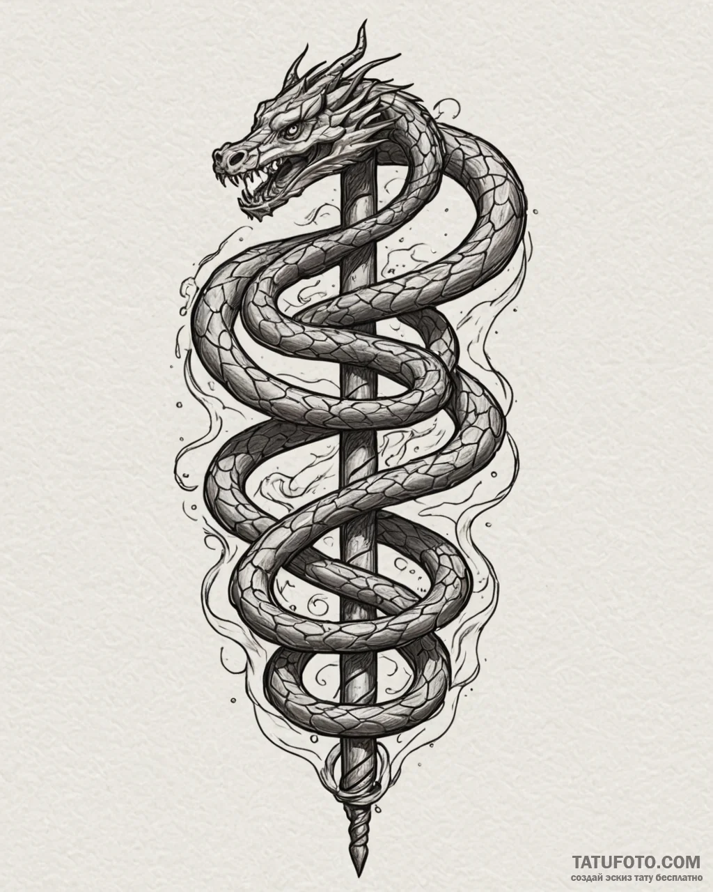 Arcane serpent wrapped around staff, ink illu... - эскиз тату (№1753094672_0, 21.07.2025 10:44) — Tatufoto.com