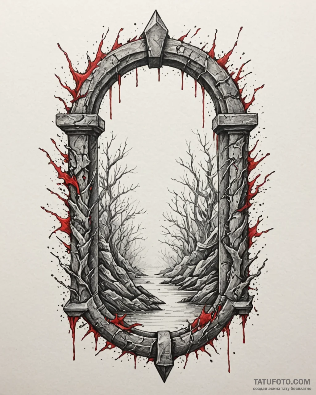 Water glyph beneath shattered gate, tattoo sk... - эскиз тату (№1753094837_0, 21.07.2025 10:47) — Tatufoto.com