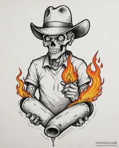 Bone figure holding burning scroll, tattoo sk... - эскиз тату (№1753095419_0, 21.07.2025 10:56) — Tatufoto.com