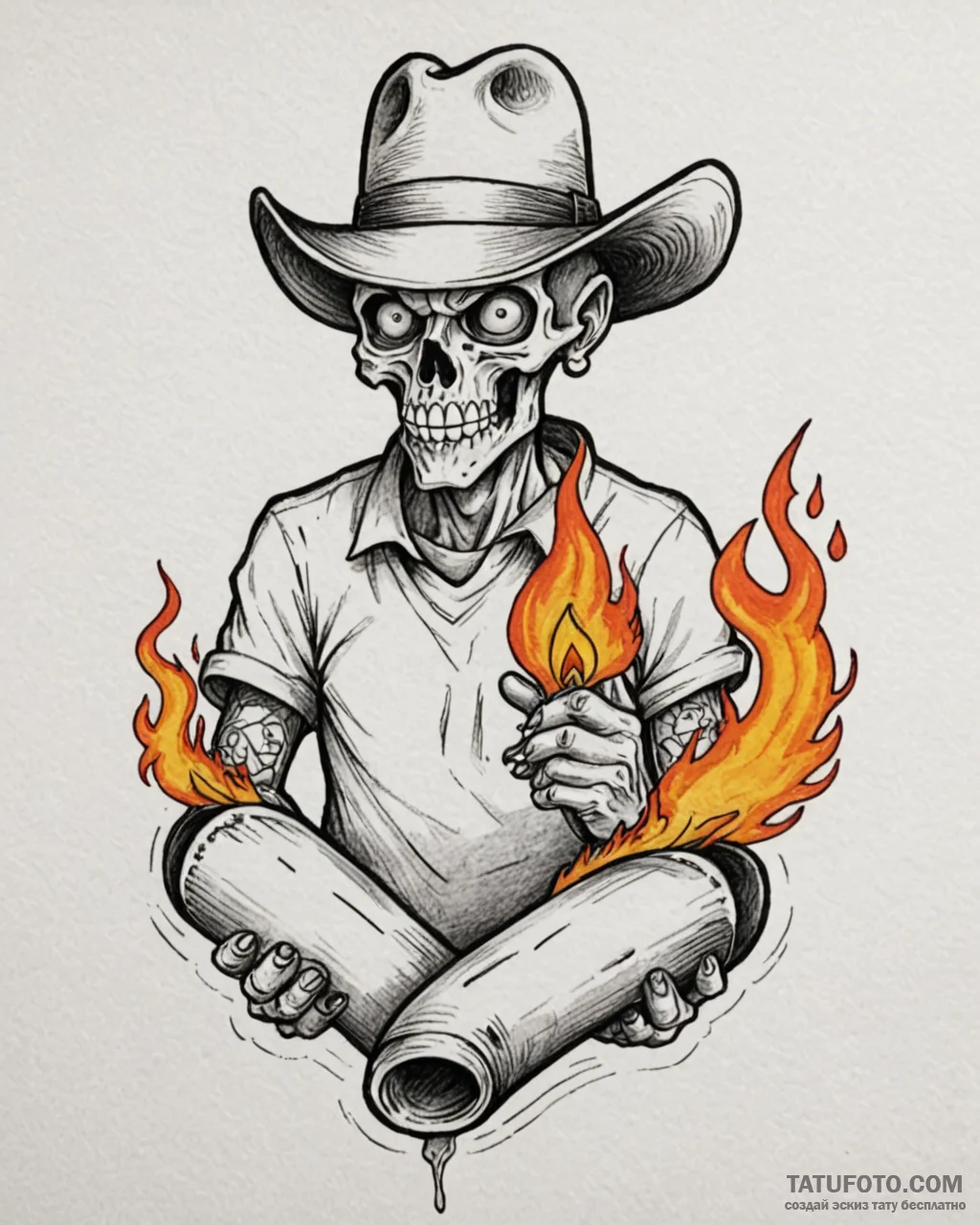 Bone figure holding burning scroll, tattoo sk... - эскиз тату (№1753095419_0, 21.07.2025 10:56) — Tatufoto.com